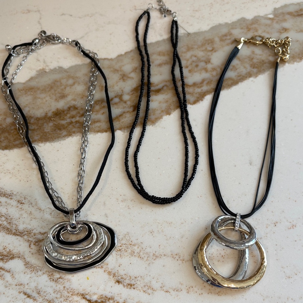 Layered Silver & Black Pendant Necklace - Women's Fashion Jewelry. Set of 3